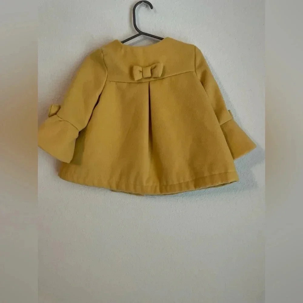 Max Studio toddler girls mustard yellow pea coat with bows on bell sleeves 3T